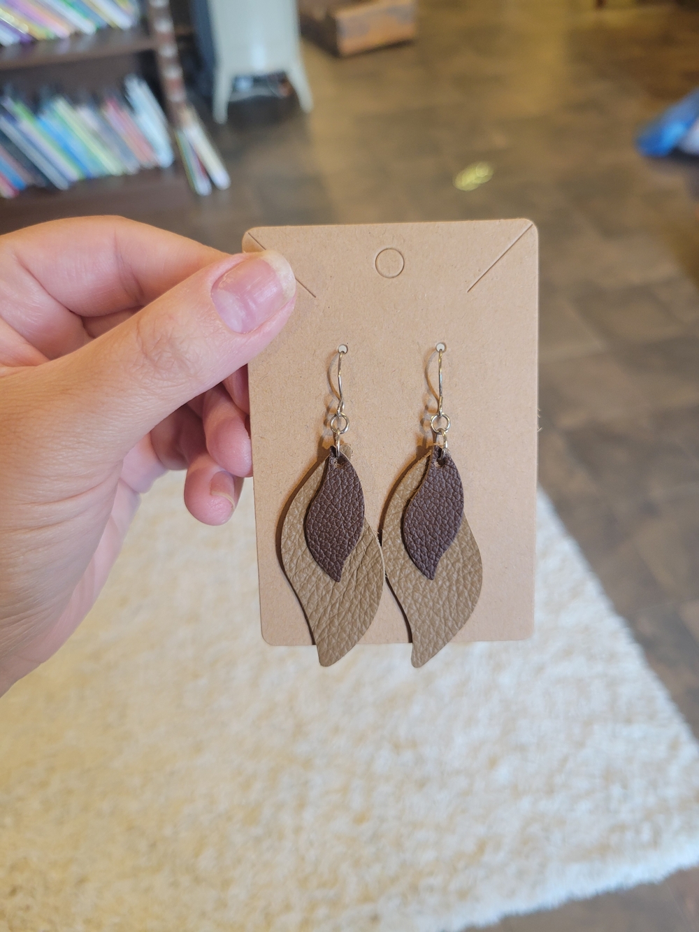Handmade Two-Tone Brown Leather Teardrop Dangle Earrings